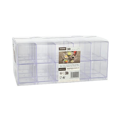 Starpak 30 fingerfood-skålar är en glasklar polystyren (PS)-låda med tio fyrkantiga fack, ett transparent lock och en etikett för 30 stycken. Varje fack rymmer 55 ml och mäter 4,7 x 4,2 x 4,2 cm.