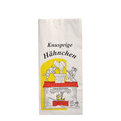 Starpak 100 kycklingpåse, papper med aluminiuminsats, visar "Knapriga kycklingar" och två personer som steker kyckling över en murad grill, på en vit påse med gula accenter och erbjuder miljövänlig värmeisolering.