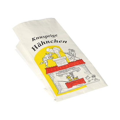 Starpak 100 kycklingpåse av papper med aluminiuminsats visar "Knapriga kycklingar", kycklingar runt en ugn och gula accenter. Miljövänlig, från märket Starpak.