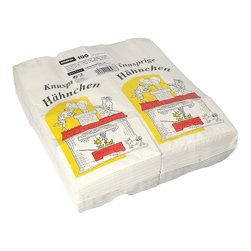 En stapel av 100 Starpak kycklingpåsar, papper med aluminiuminsats, miljövänlig, vit, med kycklingillustration, röd och gul ugn samt texten "Knapriga kycklingar" på framsidan.