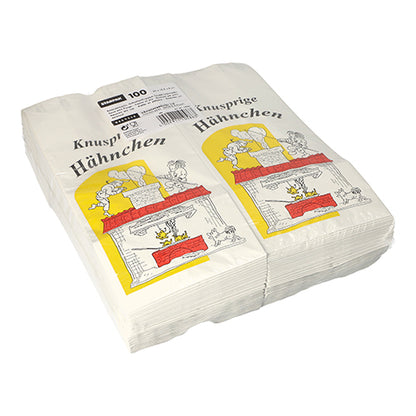 En stapel av 100 Starpak kycklingpåsar, papper med aluminiuminsats, miljövänlig, vit, med kycklingillustration, röd och gul ugn samt texten "Knapriga kycklingar" på framsidan.