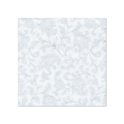 En kvadratisk vit servett i formatet 25 x 25 cm från ROYAL Collection från PAPSTAR GmbH med en diskret ljusblå blommig och lövtryck; säljs som "PAPSTAR 20 servetter 'ROYAL Collection' 1/4-vikning". På enkel vit bakgrund.