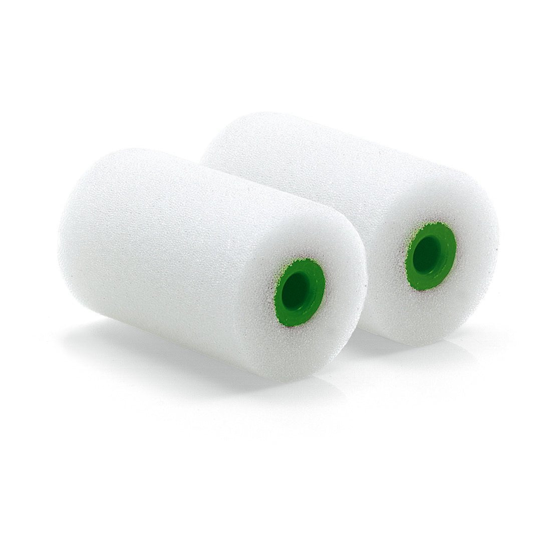 Två Nölle Profi Brush Mini-lackrullar Fin 5,5 cm / Ø 35 mm från Nölle Profi Brush Borst- & Penselteknik e.K. med gröna plastkärnor står bredvid varandra på vit bakgrund - perfekt för professionella målningsarbeten på släta ytor.