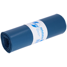 Ein blauer aufgerollter DEISS Müllsäcke 70L von EMIL DEISS KG (GmbH + Co.), aus Recycling-LDPE, mit weißem Etikett mit blauer Grafik und deutschem Text; Größe: 575x1000x0,07 mm, ideal für die tägliche Abfallentsorgung.