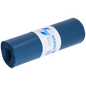 Ein blauer aufgerollter DEISS Müllsäcke 70L von EMIL DEISS KG (GmbH + Co.), aus Recycling-LDPE, mit weißem Etikett mit blauer Grafik und deutschem Text; Größe: 575x1000x0,07 mm, ideal für die tägliche Abfallentsorgung.