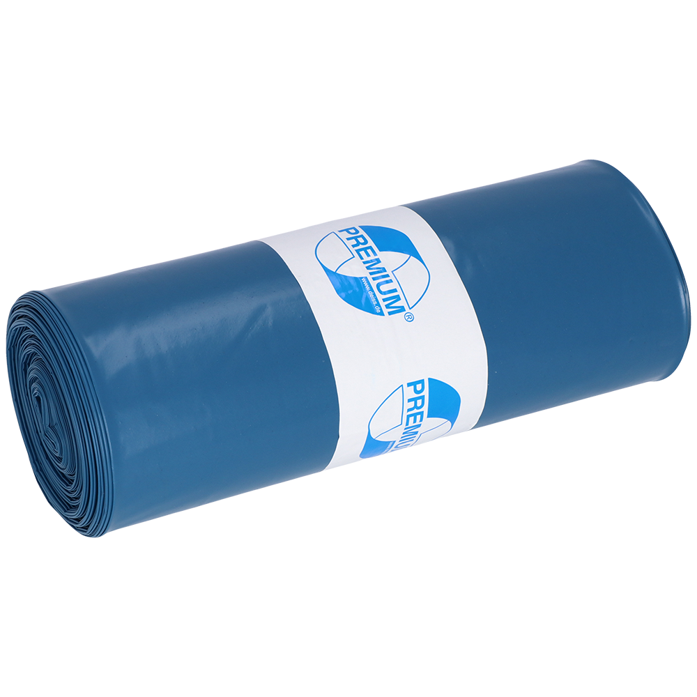 Ein dicht gerollter blauer Kunststoffsack der EMIL DEISS KG (GmbH + Co.) mit der Aufschrift "PREMIUM" und einem Recycling-Symbol. Die DEISS Müllsäcke 575x1000x0,01 mm aus LDPE 70 l eignen sich hervorragend für eine effiziente und umweltfreundliche Abfallentsorgung. Einfarbig weißer Hintergrund.