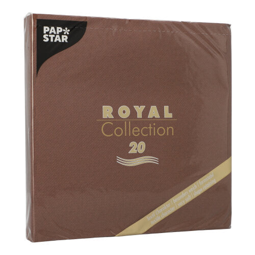 En brun kvadratisk förpackning PAPSTAR 20 servetter "ROYAL Collection" 1/4-fals (40x40 cm) från PAPSTAR GmbH, med guld- och vit text, insvept i klar plast - idealisk för bordsdekoration.