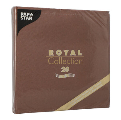 En brun kvadratisk förpackning PAPSTAR 20 servetter "ROYAL Collection" 1/4-fals (40x40 cm) från PAPSTAR GmbH, med guld- och vit text, insvept i klar plast - idealisk för bordsdekoration.