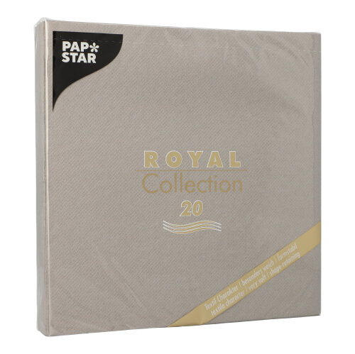 Avbildad är en beige förpackning PAPSTAR GmbH 20 servetter "ROYAL Collection" 1/4-fals (40x40 cm), perfekt för den stilfulla bordsdekorationen. På framsidan står produktnamnet i guld-vitt, servetterna är insvepta i klar plastfolie.