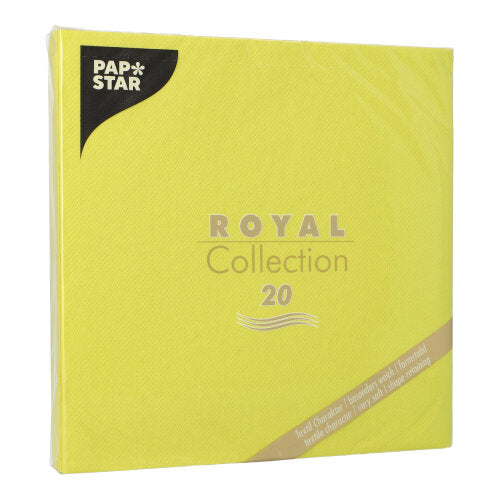 Ett 20-pack gula PAPSTAR servetter "ROYAL Collection" (1/4-fals, 40x40 cm) av FSC-certifierat material i en plastförpackning med elegant guld-silver text. Märke: PAPSTAR GmbH.