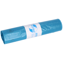 Abgebildet ist eine Rolle EMIL DEISS KG (GmbH + Co.) DEISS Abfallsäcke 575x1000 mm 120 l aus Recycling-LDPE/LLDPE, die ein weißes Etikett mit Text und Logo auf weißem Grund aufweist.