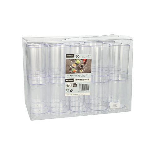 En transparent plastförpackning rymmer 30 Starpak fingerfood-bägare (PS, 60 ml, Ø 4 cm · 7,5 cm, klar glas), som är staplade i tre rader. En frontetikett visar produktdetaljer och bilder på drycker som serveras i bägarna.