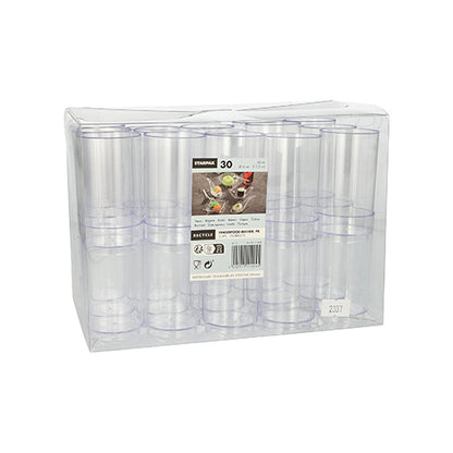 En transparent plastförpackning rymmer 30 Starpak fingerfood-bägare (PS, 60 ml, Ø 4 cm · 7,5 cm, klar glas), som är staplade i tre rader. En frontetikett visar produktdetaljer och bilder på drycker som serveras i bägarna.