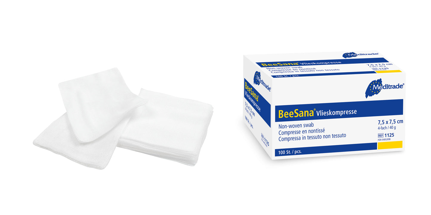 BeeSana® fleecekompress, icke-steril, 4-faldig, 40 g, 7,5 x 7,5 cm | Förpackning (100 stycken)