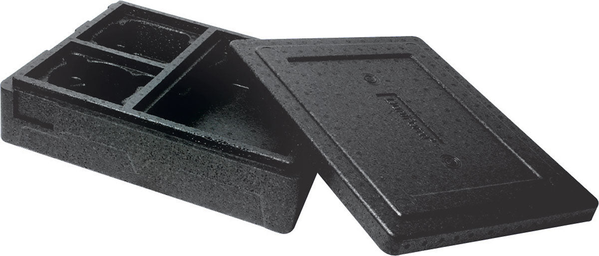 Duni GmbH Thermobox 3 Schwarz EPP är en svart, rektangulär isoleringslåda med påsatt lock och inre fack - idealisk för att hålla mat och dryck varm under transport.