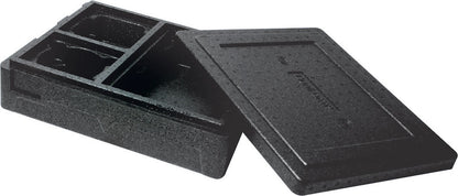 Duni GmbH Thermobox 3 Schwarz EPP är en svart, rektangulär isoleringslåda med påsatt lock och inre fack - idealisk för att hålla mat och dryck varm under transport.