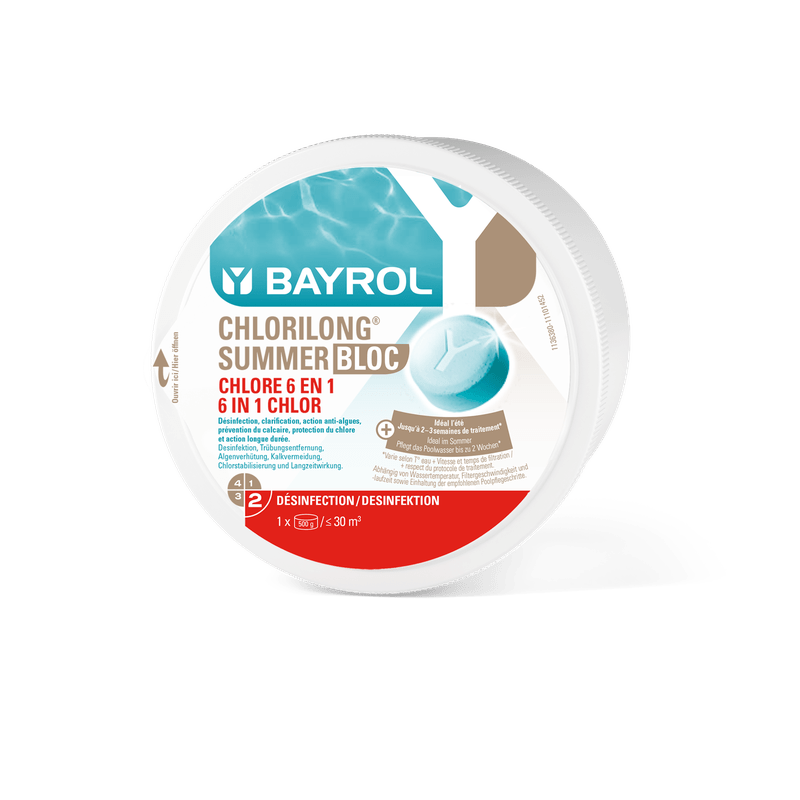 BAYROL Chlorilong Summer Bloc 0,5 kg 6in1 Poolvård för kristallklart vatten | Förpackning (500 g) 