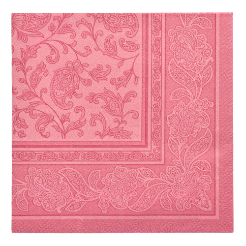 PAPSTAR 20 servetter "ROYAL Collection" (1/4-vikt, 40x40 cm) från PAPSTAR GmbH presenteras i rosa rutmönster med präglad paisley- och blomkant - perfekt för en stilfull bordsdekoration i premiumkvalitet.