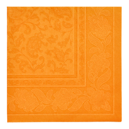 Servetterna "ROYAL Collection" 1/4-vikt 40x40 cm från PAPSTAR GmbH 20 servetter i orange har en präglad blom- och bladmönsterkant med diskret virvlande design i mitten - idealisk för en elegant bordsdekoration.