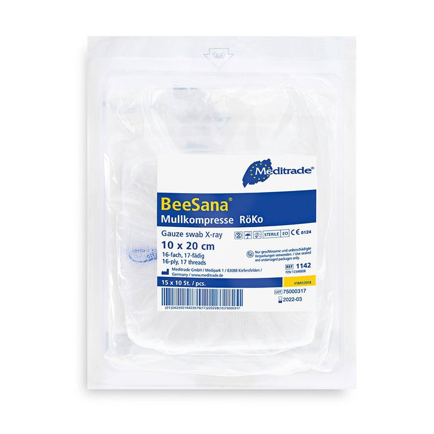 BeeSana® gaskompress, RöKo, steril, 16-faldig, 10 x 20 cm, 10 st | Förpackning (150 stycken)