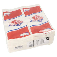Ett paket med 1.000 PAPSTAR GmbH köttpåsar av kraftpapper (28x14x6 cm), vit med tryckmotiv, buntad och insvept - idealisk som slakteripåse.