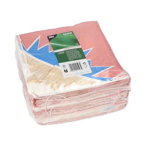 I en förseglad plastförpackning från PAPSTAR GmbH finns 1.000 "Zick-Zack" pommes frites-koner av pergamentersättning med färgglad design och grön produktetikett på toppen.