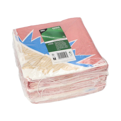 I en förseglad plastförpackning från PAPSTAR GmbH finns 1.000 "Zick-Zack" pommes frites-koner av pergamentersättning med färgglad design och grön produktetikett på toppen.