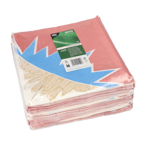 En stapel av röd-blå-vita PAPSTAR 1000 pommes frites-koner i sicksackform (pergamentersättning) är förpackad i klar plast och försedd med en grön etikett från PAPSTAR GmbH.