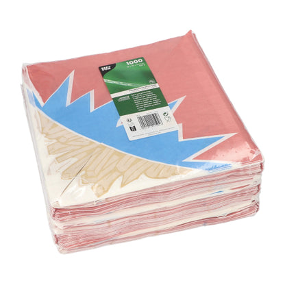 En stapel av röd-blå-vita PAPSTAR 1000 pommes frites-koner i sicksackform (pergamentersättning) är förpackad i klar plast och försedd med en grön etikett från PAPSTAR GmbH.