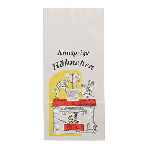 En Starpak 100 kycklingpåse av papper med aluminiuminsats, vit, med "Knapriga kycklingar" på tyska, tecknad film av människor vid elden och hund samt kyckling under, gul bakgrundsaccent.