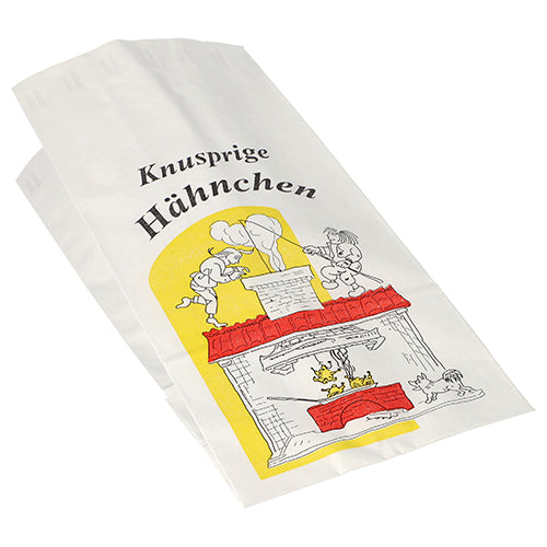 Der Starpak 100 Hähnchenbeutel von Starpak ist eine umweltfreundliche weiße Papiertüte mit Aluminiumfutter, mit dem Text „Knusprige Hähnchen“ und einer schwarz-rot-gelben Illustration von Menschen, die im Haus Hähnchen braten.