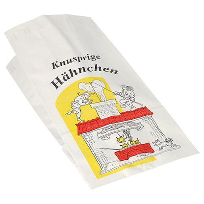 Starpak 100 kycklingpåse från Starpak är en miljövänlig vit papperspåse med aluminiumfoder, med texten "Knapriga kycklingar" och en svart-röd-gul illustration av människor som steker kyckling i huset.