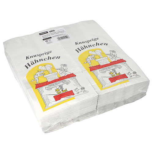 En stapel Starpak 100 kycklingpåsar, papper med aluminiuminsats, visar vita påsar med en gul-röd kycklingillustration och texten "Knapriga kycklingar". De miljövänliga Starpak-påsarna är försedda med en produktetikett upptill.