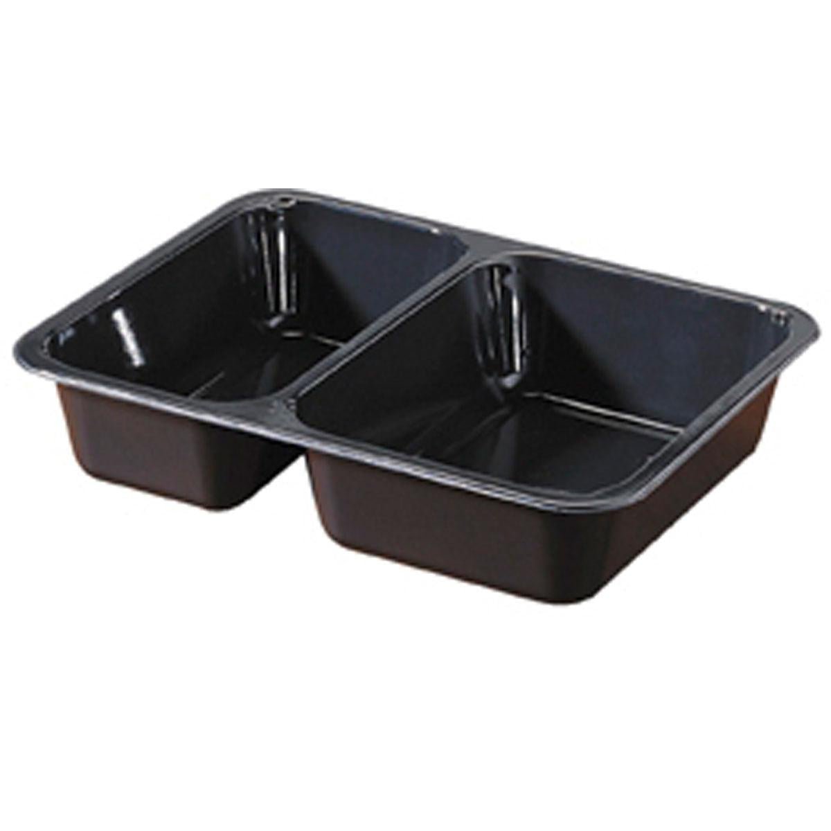 Duni GmbH:s CPET-skal 225x175x43 mm med två rektangulära fack i svart plastförpackning är idealisk för livsmedel, t.ex. färdigrätter eller takeaway, och finns tillgänglig i förpackningar om 300 stycken.