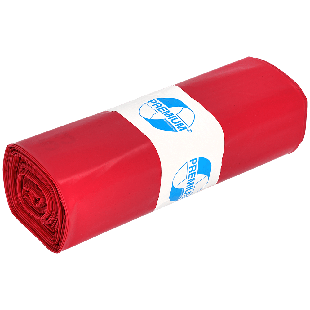 Ett rullat bunt röda EMIL DEISS KG 11702 soppåsar (Typ 100, 575x1000 mm, 25 stycken) med en vit "Premium"-etikett i blå skrift; idealisk för verkstad byggarbetsplats. Produkten visas på en enfärgad, ljus bakgrund.