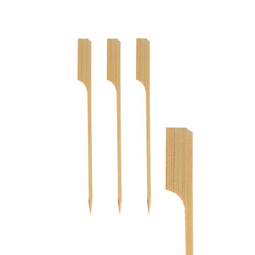 Fyra PAPSTAR fingerfood-spett "pure" (10 cm) från PAPSTAR GmbH är avbildade på vit bakgrund: tre vertikalt, en horisontellt med vinklad pinne. Perfekt för golfevenemang och catering, tillgänglig i en burk med 40 stycken.
