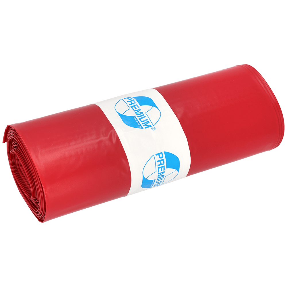 Ett tätt rullat knippe DEISS soppåsar 575x1000x0,01 mm av LDPE 70 l från EMIL DEISS KG (GmbH + Co.), med en vit-blå "PREMIUM"-etikett i mitten, står framför en enkel vit bakgrund.