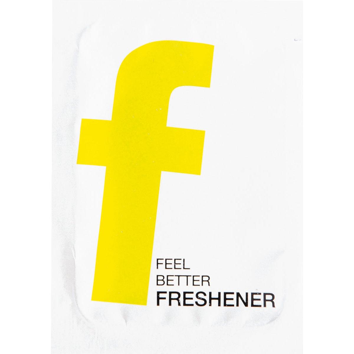 Ein fettes, gelbes "f" in Kleinbuchstaben steht mittig auf Weiß, darunter in Schwarz "FEEL BETTER FRESHENER" - perfekt für die Erfrischungstücher der Duni GmbH, 71x51 mm, neutrale Feuchttücher für unterwegs, Packung (1000 Stück).