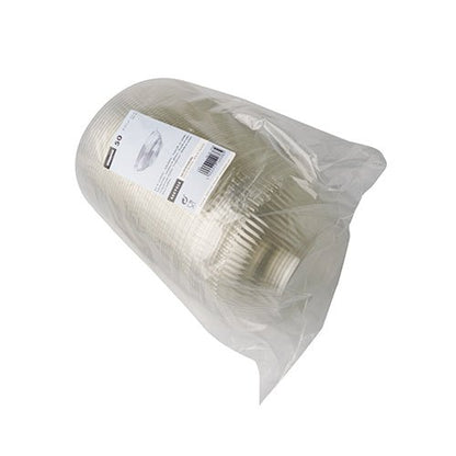 I en genomskinlig plastpåse ligger en stapel med 50 Starpak-salladsskålar, runda, kristallklara tallrikar av R-PET med en vit etikett på den övre tallriken som ger en miljövänlig touch.