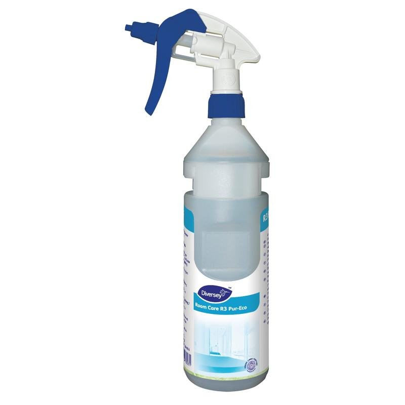 Room Care R3 Plus Pur-Eco sprayflaska från Diversey Deutschland GmbH & Co. OHG är en plastflaska med blå-vit munstycke och ergonomisk design samt delvis synlig informationsetikett.