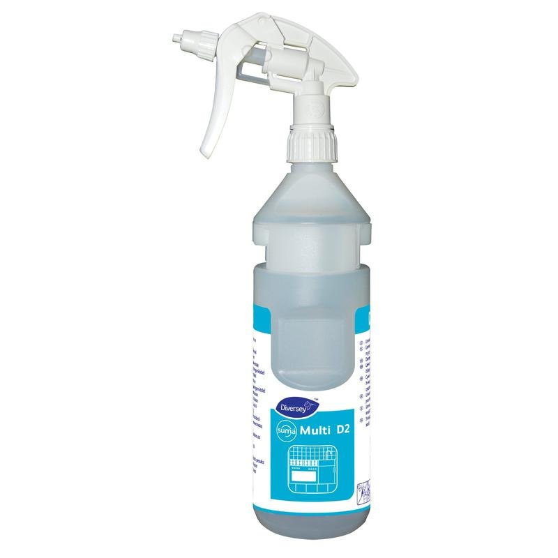 En 0,75L transparent sprayflaska med texten "Flaschenkit Suma Multi-conc D2 conc" från Diversey Deutschland GmbH & Co. OHG, inklusive dispenserband; idealisk som påfyllningsflaska för Divermite och DQFM rengöringssystem.