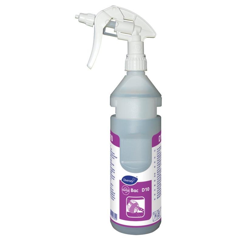 En genomskinlig plastflaska med vit utlösare, som innehåller blå vätska och har en lila-vit etikett, är flaskpaketet Suma Bac D10 conc (0,75 l) från Diversey Deutschland GmbH & Co. OHG, lämpligt för Divermite- och DQFM-system.