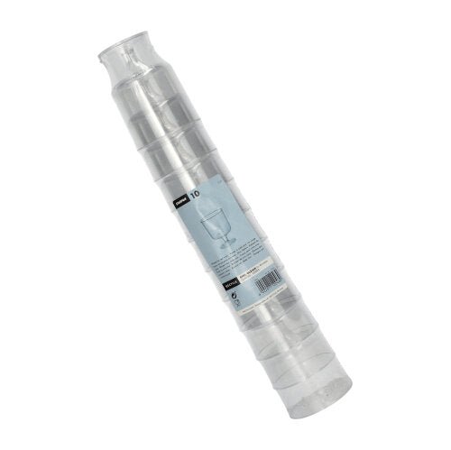 En stapel av tio Starpak 0,2l stjälkglas för rödvin av kristallklart polystyren (enskilt, Ø7,2cm, 10cm höga) är förpackad i krympplast med blå-vit produktmärkning och vinglasbild.