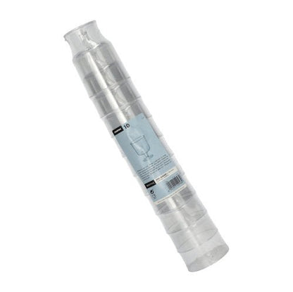 En stapel av tio Starpak 0,2l stjälkglas för rödvin av kristallklart polystyren (enskilt, Ø7,2cm, 10cm höga) är förpackad i krympplast med blå-vit produktmärkning och vinglasbild.