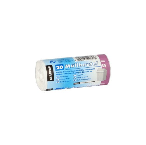 Starpak 20 soppåsar, LDPE, vit, 5l (44cm x 36cm), med banderoll – idealisk för små soptunnor.