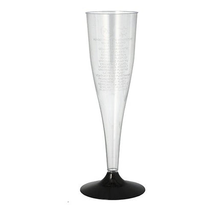 Ett kristallklart Starpak-sektglas (PS, 0,1 l, Ø 5 cm, 17,5 cm) med svart fot står framför en vit bakgrund. Krympfolie-förpackning (5 stycken). Perfekt för festliga tillfällen.
