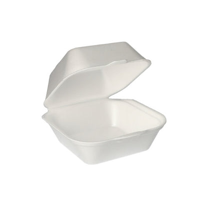 En vit Starpak XPS Hamburgare-box (7,5 x 12 x 12 cm) med klafflock, öppnad framför en enkel bakgrund. Förpackningen innehåller 100 inplastade boxar.