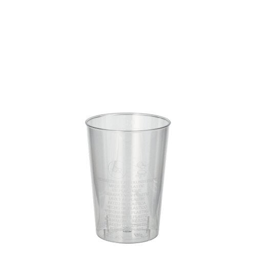 En kristallklar Starpak 40 dricksglas (PS, 0,1l, Ø 5,5cm · 7,5cm) står mot en vit bakgrund. På krympfolien är lätta textdetaljer synliga - idealisk för fester och evenemang (40 stycken).