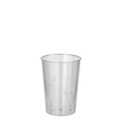 En kristallklar Starpak 40 dricksglas (PS, 0,1l, Ø 5,5cm · 7,5cm) står mot en vit bakgrund. På krympfolien är lätta textdetaljer synliga - idealisk för fester och evenemang (40 stycken).