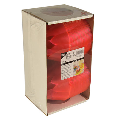 Ett paket med 54 rosa Starpak-dessertskålar (PS, 400 ml, Ø 12 cm × 7 cm) presenteras upprätt. Den delvis genomskinliga lådan visar de staplade skålarna och har en etikett med produktdetaljer och en bild av skålarna i bruk.